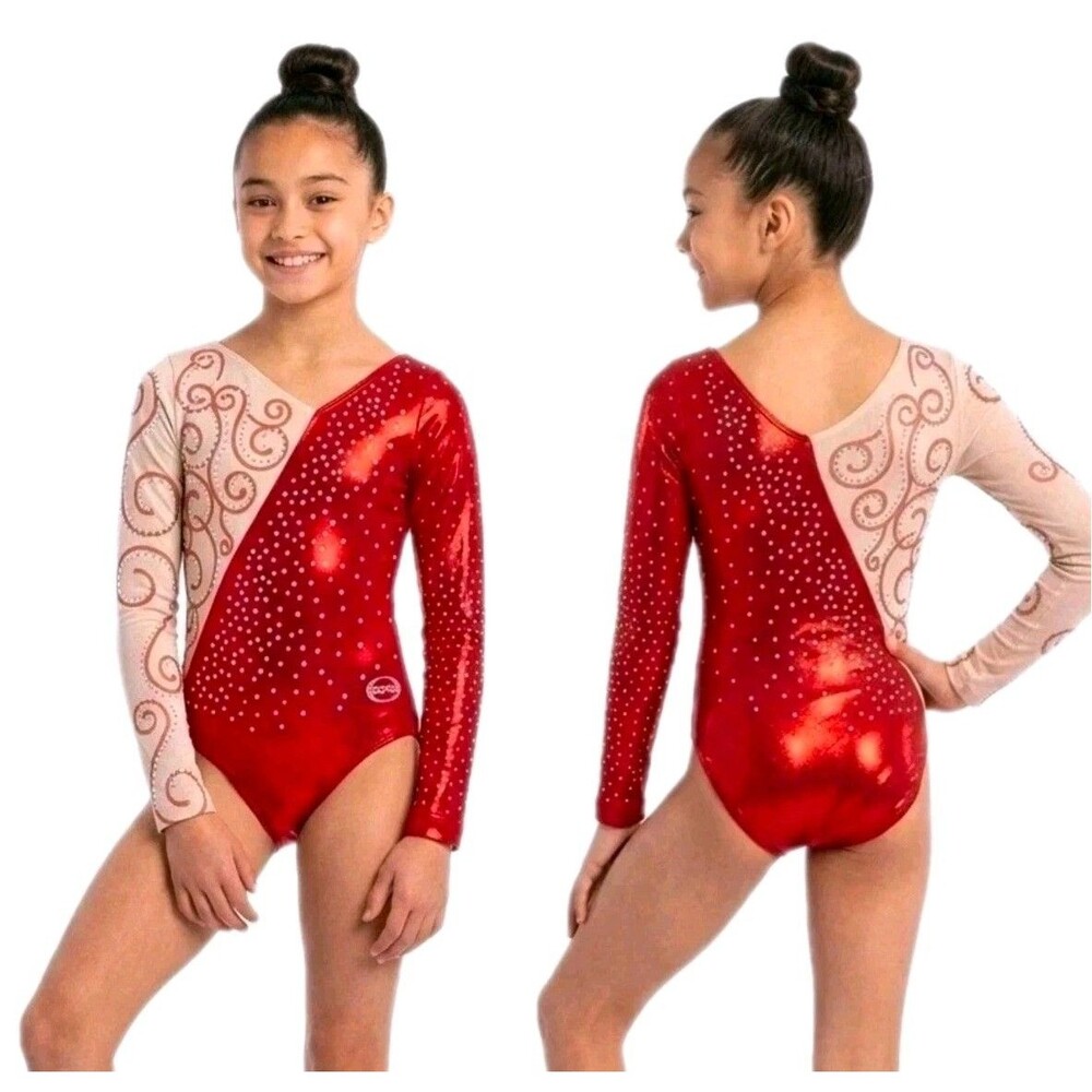Ozone Competition Leotard Bling Vneck LS Size YL Youth Large NWOT Red 64650